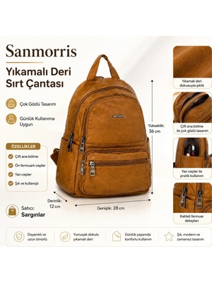 Sanmorris Yıkamalı Deri Dokulu Çok Gözlü Fermuarlı Kadın Seyahat ve Sırt Çantası