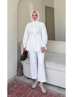 Miraydin Butik Kadın Korsaj Kemer Detaylı Tesettür Uzun Gömlek M2612 - Beyaz