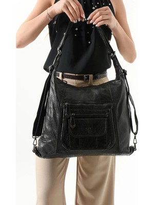 571 Collections Çanta Suni Deri Sırt Çantası Siyah (Model: 571-13-13M)