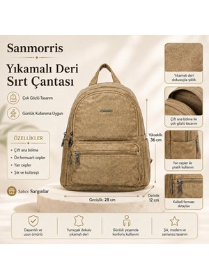 Sanmorris Yıkamalı Deri Dokulu Çok Gözlü Fermuarlı Kadın Seyahat ve Sırt Çantası