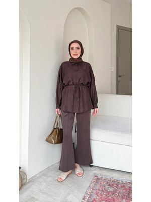 Miraydin Butik Kadın Bel Bağlamalı Tesettür Gömlek M1980 - Kahverengi