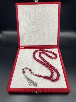 Onurlu Tesbihane 925 Ayar Gümüş Dizayn Kapsül Kesim Ateş Kehribar Tespih – 13X8 mm