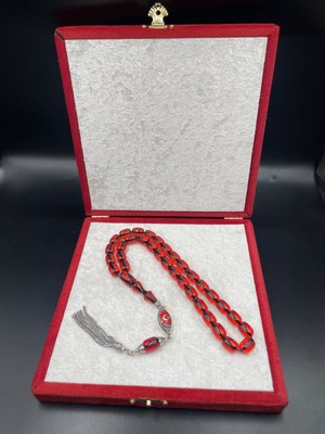 Onurlu Tesbihane 925 Ayar Gümüş Püsküllü Ateş Kehribar Tespih – 11X8 mm
