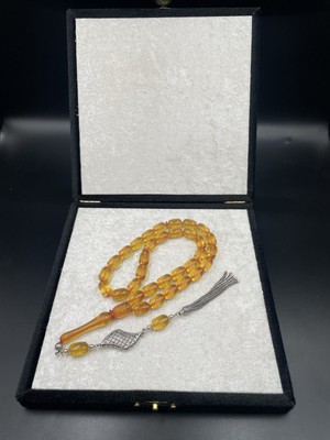 Onurlu Tesbihane 925 Ayar Gümüş Dizayn Ateş Kehribar Tespih – 12X8 mm