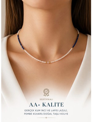 Aa+ Kalite Sertifikalı Gerçek Kum Incili Lapis Lazuli ve Pembe Kuvars Doğal Taşlı Tasarım Minimal Kolye