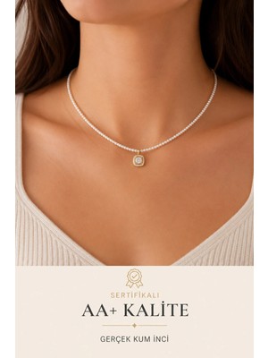 Aa+ Kalite Sertifikalı Gerçek Kum Incili Zirkon Taş Detaylı Minimalist Kolye