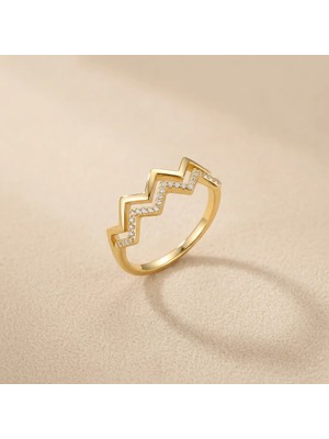 Fashion Zirkon Taşlı Zigzag Gold Kadın Yüzük