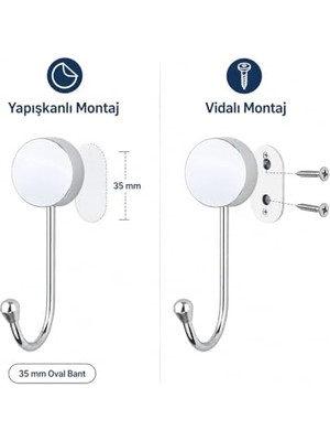 Fantastik Store Iris Krom Kaplama Tekli Askılık, Yapışkanlı ve Vidalı Montajlı Duvar Askısı, 35 mm Oval Bantlı Banyo Mutfak Antre Askısı