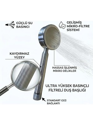 Fantastik Store Paslanmaz Inox El Duş Başlığı, Yüksek Basınçlı, Mikro Filtre Sistemli, Kaydırmaz Yüzey