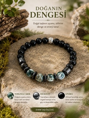 Lia Charm Doğal Yosunlu Akik, Oniks ve Hematit Taşı  Bileklik - 8 mm Koruyucudoğal Taş