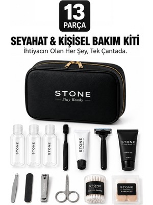 Stone 13 Parça Seyahat Ve Kişisel Bakım Kiti Organizer Çantası Seti Siyah