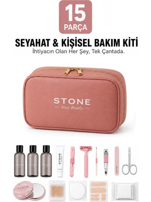 Stone 15 Parça Seyahat Ve Kişisel Bakım Kiti Makyaj Organizer Çantası Seti Pembe