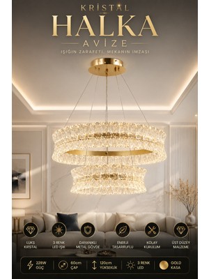 Elvora Home Modern (Premium) Kristal Sarkıt Lüks Avize Gold Kasa Üç Renk Ledli 228W Cam Taşlı Avize Salon Yemek Odası Oturma Odası Avizesi Modelleri