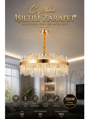 Elvora Home Modern (Premium) Lüks Kristal Taşlı Gold Ledli 126W Avize 3 Renk Sarkıt Salon Yemek Odası Avizesi Modelleri