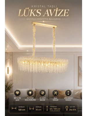 Elvora Home Modern (Premium) Kristal Taşlı Sarkıt Avize 24XE14 Gold Dikdörtgen Lüks Salon Yemek Odası Oturma Odası Avizesi Modelleri 24XE14 Duyulu