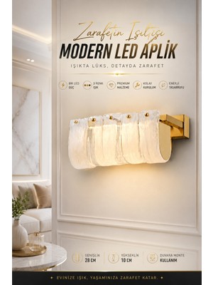 Elvora Home Eskitme (Premium) Gold Cam Taşlı Ledli 8W Aplik Avize 3 Renk Dekoratif Duvar Aydınlatması 8W Salon Oturma Odası Apliği Modelleri
