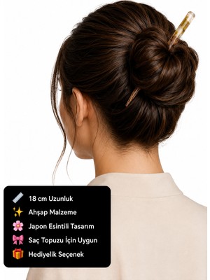 Herşey Nota Ahşap ve Reçine Detaylı Kadın Saç Çubuğu – Japon Tarzı Topuz Tokası | 18 cm