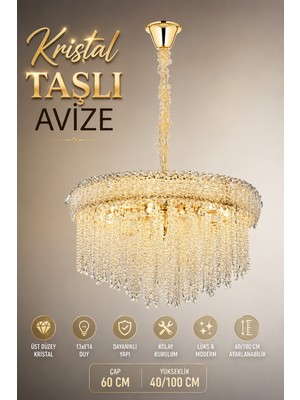 Elvora Home Modern (Premium) Kristal Taşlı Avize Gold Kasa Salon Yemek Odası Oturma Odası Avizesi MODELLERI13XE14 Duyulu