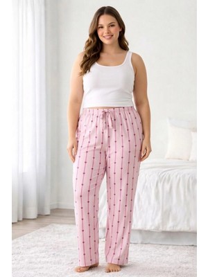 Marsilyan Viskon Pamuklu Kadın Büyük Beden Açık Pembe Desenli Pijama Pantolon - BRF007 -