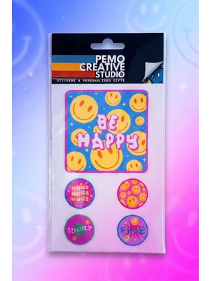 Pemo Smiley Kulübü Uv-Dtf Sticker Seti 5 Parça Kabartmalı Suya Dayanıklı Laptop Termos Matara Etiket