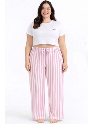 Marsilyan Viskon Pamuklu Kadın Büyük Beden Pudra Pembe Çizgili Pijama Pantolon - BRF004 -