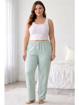 Marsilyan Viskon Pamuklu Kadın Büyük Beden Açık Gri Desenli Pijama Pantolon - BRF008 -
