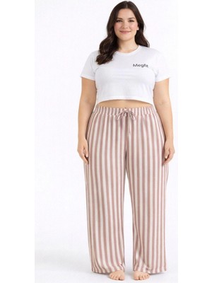 Marsilyan Viskon Pamuklu Kadın Büyük Beden Gül Kurusu Çizgili Pijama Pantolon - BRF003 -