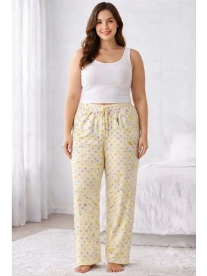 Marsilyan Viskon Pamuklu Kadın Büyük Beden Açık Sarı Desenli Pijama Pantolon - BRF010 -