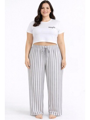 Marsilyan Viskon Pamuklu Kadın Büyük Beden Açık Gri Çizgili Pijama Pantolon - BRF006 -