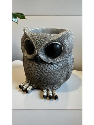 AyrStore Dekoratif 11 cm Gri Baykuş Kaktüs Sukulent Saksı Ev Balkon Bahçe Süsü Dekorasyon Bohem Heykel