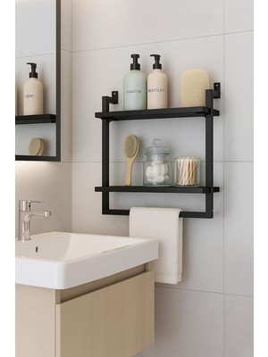 AyrStore 40X20 cm Banyo Rafı, Duvara Monte Havluluk, 2 Katlı Dekoratif Düzenleyici Organizer, Siyah Metal