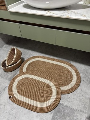 AyrStore Mavaux Hasır Krem Şerit Jüt, Banyo Paspas Takımı, Banyo Sepet Takımı, Paspas Takımı Klozet