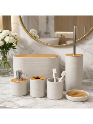 AyrStore 6 Parça Banyo Seti, Bambu Detaylı, 8l Çöp Kovası 24X26X16 cm (Krem)