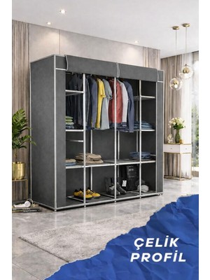 AyrStore Teknor-Prado Geniş Hacimli Metal Çift Askılı Gardrop Bez Dolap Gri