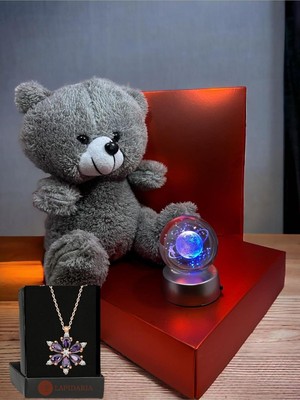 AyrStore Lapidaria Sevgiliye Hediye Kutusu Içerinde Sevimli Gri Ayı, Satürn Küre ve Lotus Kolye