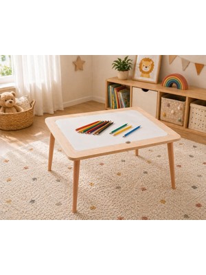 AyrStore Rozitoys Montessori Ahşap Aktivite Masası – Kapaklı Yüzey, Saklama Hazneli, Masif Ayak, Doğal