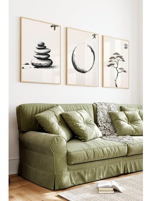 AyrStore Kututr Japon Kaligrafi ve Doğa Temalı 3'lü Ahşap Çerçeveli Tablo Seti CRV1106,ÇERÇEVELI Crv1