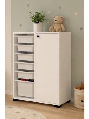 AyrStore Rüya No.3 Modern Kullanışlı Beyaz Dar Kapaklı Sepetli Oyuncak Dolabı