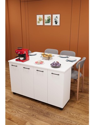 AyrStore Asra Trend Beyaz Ma-02 Fonksiyonel Mutfak Adası Açılır Kapanır Katlanır Yemek Masası Tekerlek