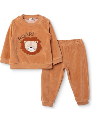 Hellobaby Erkek Bebek Kadife Pijama Takımı Hayvan Baskılı Çıtçıtlı Bisiklet Yaka Long Sleeve Ribanalı
