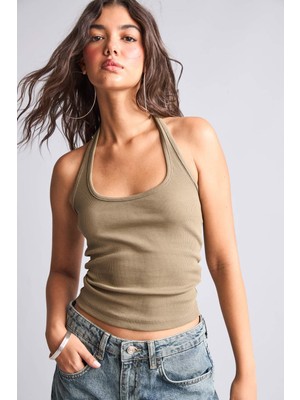 DeFacto Pamuklu Fitted Halter Yaka Fitilli Açık Haki Atlet H8088AX26SM