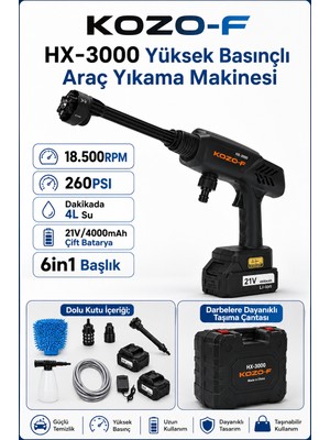 HX-3000 Yüksek Basınçlı Araç Yıkama Makinesi 260PSI 18.500RPM 4000MAH Çift Batarya Yıkama Tabancası
