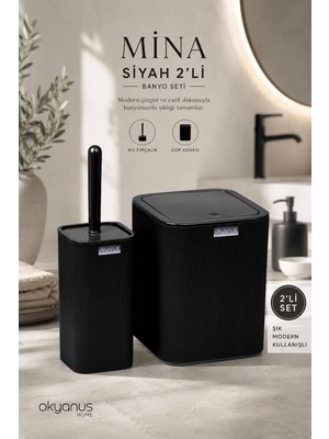 Okyanus Home Mina Siyah Çizgili Kare 2'li Wc Kova ve Fırça Seti
