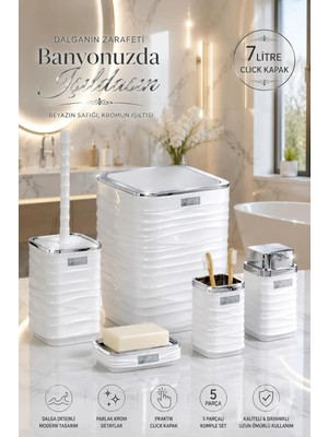 Okyanus Home Beyaz Krom Dalgalı Desenli Kare Banyo Seti Şık Tasarım ve Suya Dayanıklı 5'li Set