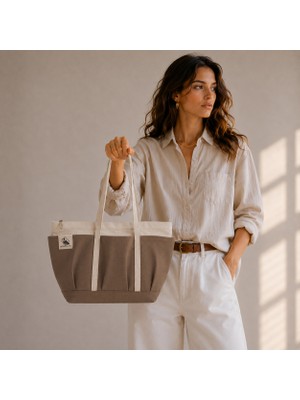 Bordglow Novaglow Design Serisi – Küçük Boy - Camel- Premium Kanvas Çanta - Tote Bag | 9 Cep - Fermuarlı (32X22X10 Cm)