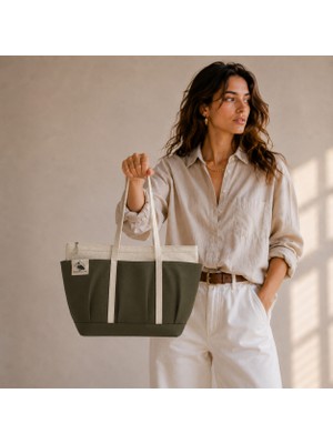 Bordglow Novaglow Design Serisi – Küçük Boy - Haki - Premium Kanvas Çanta - Tote Bag | 9 Cep - Fermuarlı (32X22X10 Cm)