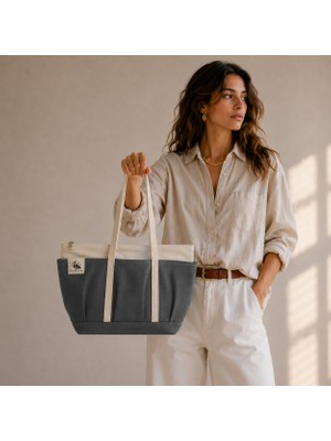 Bordglow Novaglow Design Serisi – Küçük Boy - Füme - Premium Kanvas Çanta - Tote Bag | 9 Cep - Fermuarlı (32X22X10 Cm)
