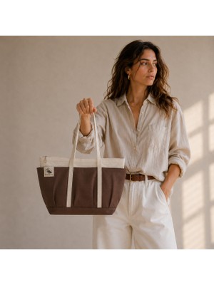 Bordglow Novaglow Design Serisi – Küçük Boy - Kahve - Premium Kanvas Çanta - Tote Bag | 9 Cep - Fermuarlı (32X22X10 Cm)
