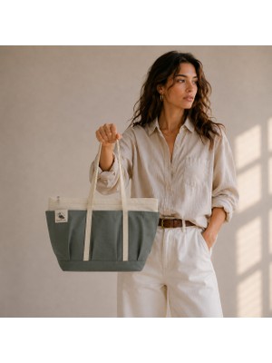 Bordglow Novaglow Design Serisi – Küçük Boy - Küf Yeşili  - Premium Kanvas Çanta - Tote Bag | 9 Cep - Fermuarlı (32X22X10 Cm)