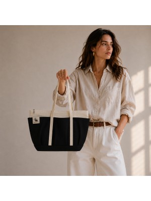Bordglow Novaglow Design Serisi – Küçük Boy - Siyah - Premium Kanvas Çanta - Tote Bag | 9 Cep - Fermuarlı (32X22X10 Cm)